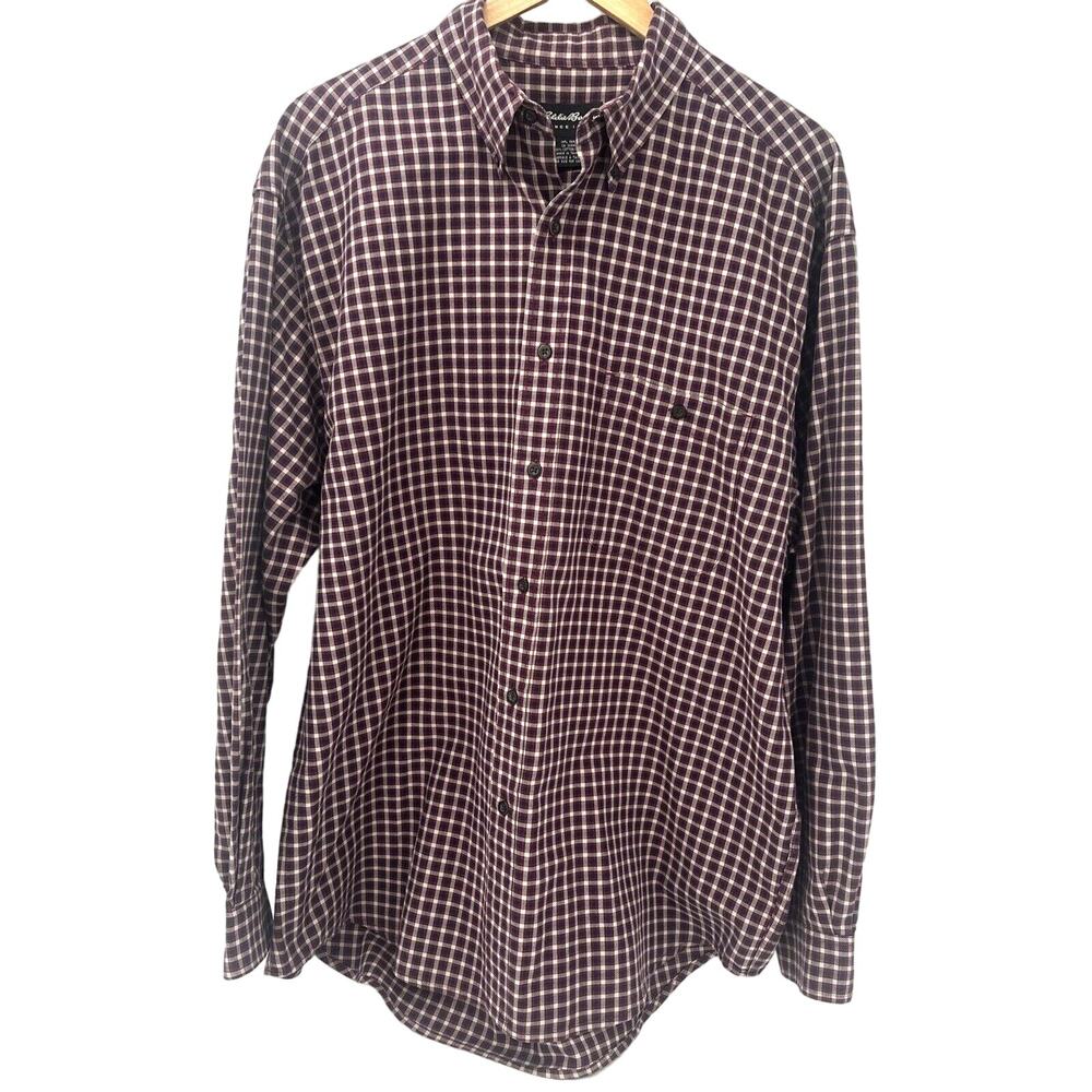 Eddie Bauer Shirt Mens Large Plaid Maroon Blue Cotton Button Down Vintage